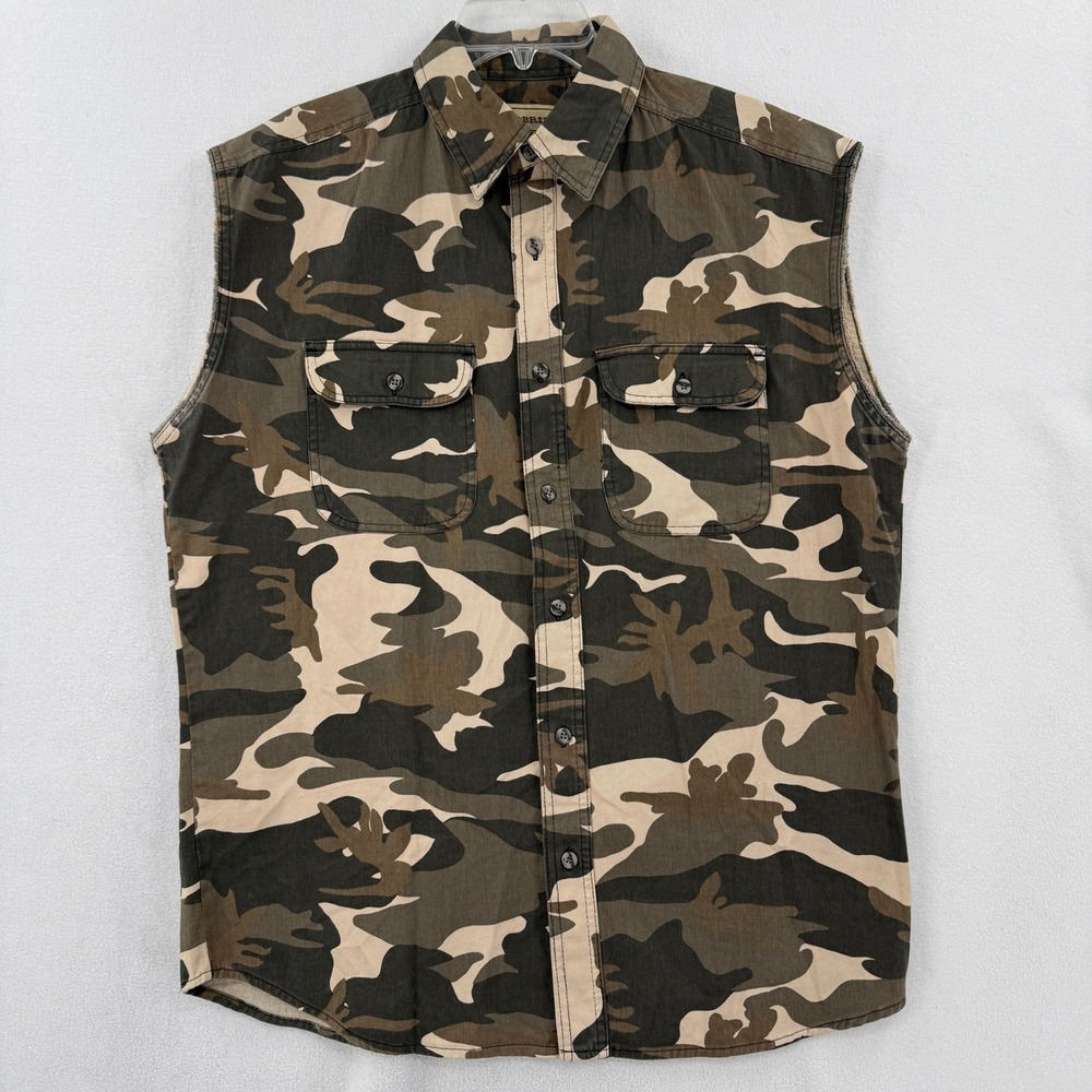 Bit & Bridle Camo Sleeveless Shirt Vest Mens Large Green Brown Button Up Utility